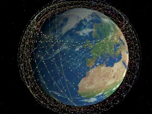 Planete terre entourée de satellites
