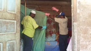 Installation des MIILD, moustiquaires imprégnées d'insecticide longue durée, par les équipes de la lutte anti-vectorielle de l'ARS Mayotte