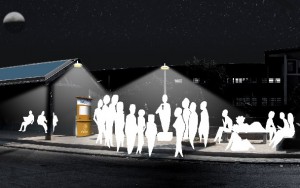 Une place de quartier Nuruni, éclairée et équipée de bornes wifi