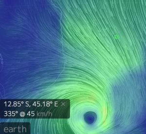 Tempête tropicale Chedza au sud de Mayotte (cercle vert)-site earth.nullschool.net