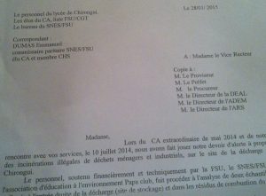 Lettre à la vice-recteur en janvier 2015