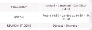 Capture d'écran de l'annonce des vols par le site de l'aéroport de Mayotte