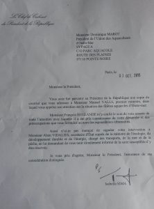 La lettre du cabinet de la présidence de la République à Dominique Marot