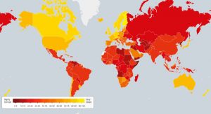 Transparency international: la carte de l'Indice de corruption. Plus c'est rouge, plus la perception de la corruption est forte