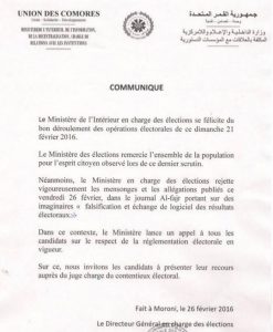 Le communiqué du ministère de l'Intérieur comorien diffusé ce vendredi 26 février