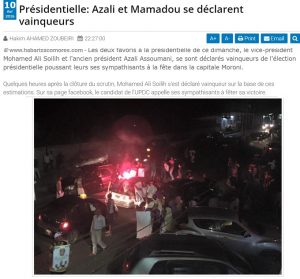 Habari Za Comores a assisté à des scènes de fêtes de la part de camps opposés sûrs de leur victoire hier dimanche soir