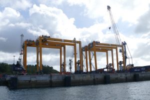 Les grues et les RTG (en jaune)